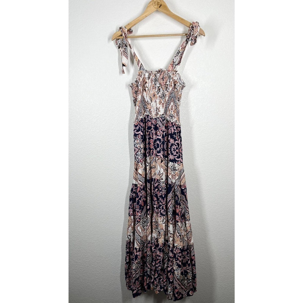 Abel The Label Maxi Dress Size Small S Smocked Tie Straps Tiered Mixed Floral